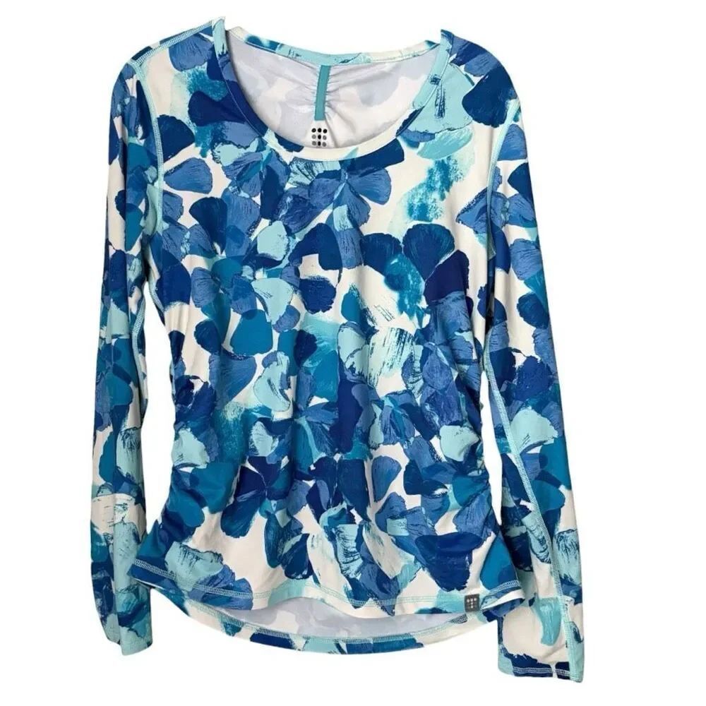 Title Nine Floral Shirt Size Medium Blue & White Ruched Sides Long Sleeve